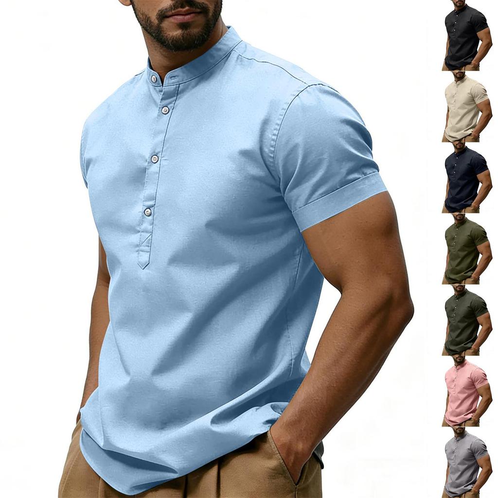 Herren Casual, Farbe V, Ausschnitt Kurz,ärmeliges T,shirt, Baumwoll-Leinen-Mischung Lässiges Oberteil Mit Dekorative Knöpfen.