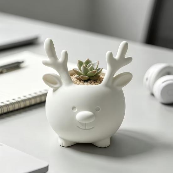 Office Desk Accessory 3D Printed Reindeer Succulents Planter Pot for Indoor Plants, Decorative Desktop Plant Organizer, Christmas Table Ornament,