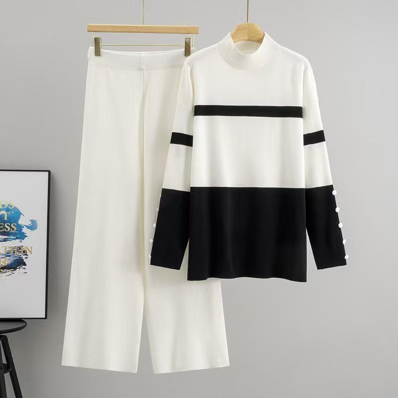 

Модный вязаный осенне-зимний комплект в непринужденном стиле, свободный и стильный, худи с полувысоким воротником в стиле колор-блок, комплект широких брюк для женщин one size белый