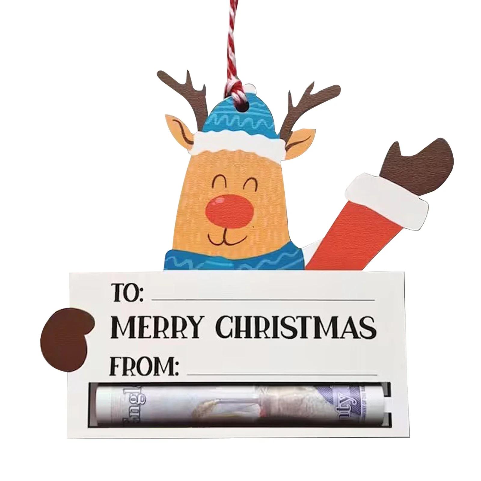 Christmas Money Holder Wooden Cash Wallet Red Envelope Gift Card Voucher Holder Pocket Christmas Gifts Xmas Tree Pendants