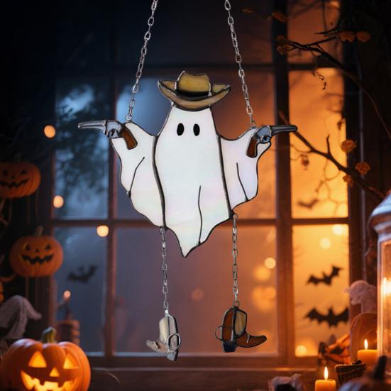 Halloween Ghost Suncatcher Stained Glass Acrylic Window Hanging Light Catcher Cute Cowboy