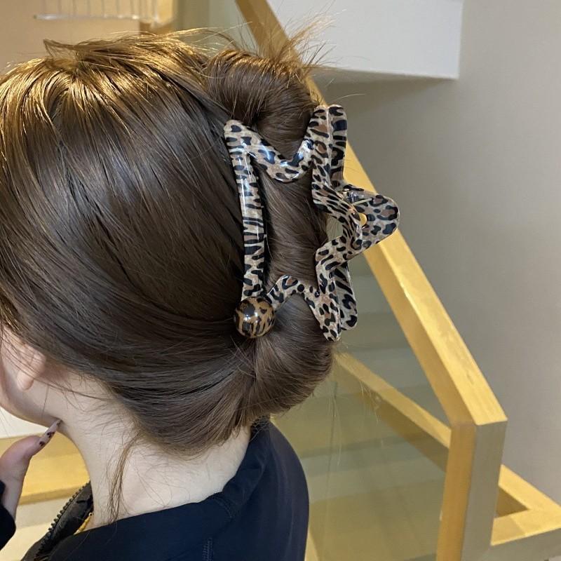 Western and European Style Sexy Leopard Print Claw Clips, Brown Series Hair Clips, Star-Shaped Shark Clips