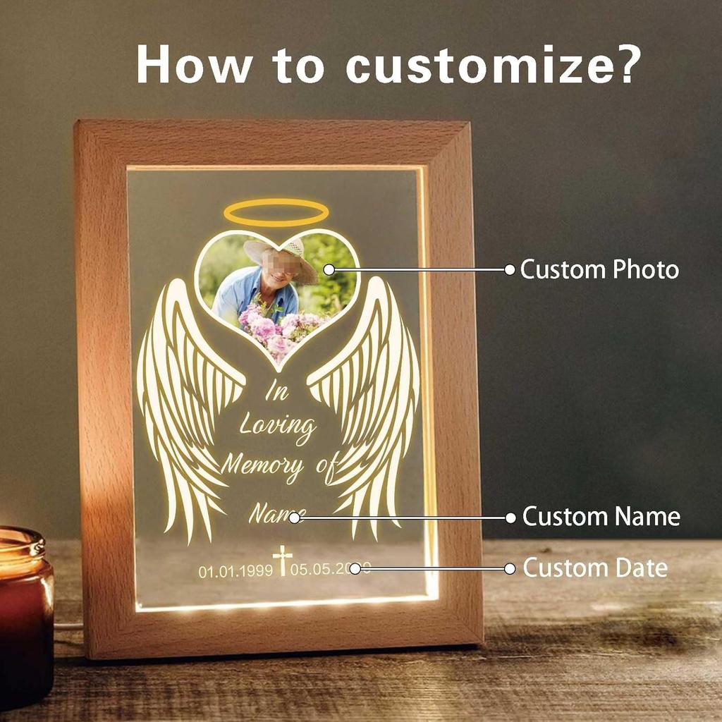 Custom Memorial Night Light with Picture Frames Personalized Acrylic Plaque Sympathy Bereavement Gift with Photo Name Date for Loss of Love(S-Heart