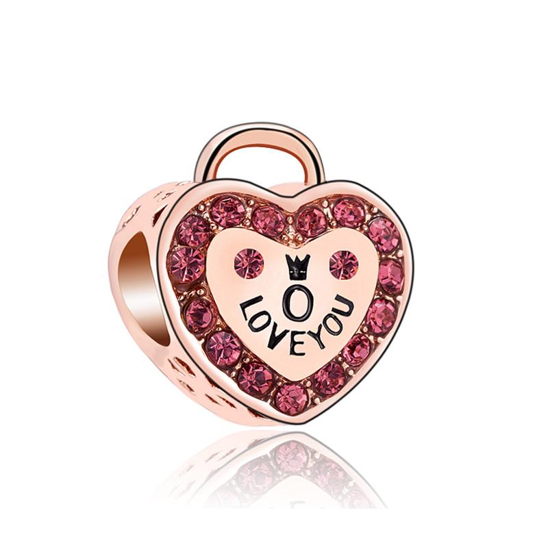 Fashion Rose Gold Plated Crystal Love Heart Flower Charms Bead Fit Original Bracelet Charm Pendants for DIY Jewelry Making