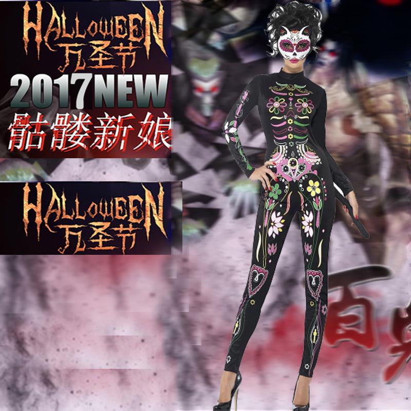 

New Halloween Ghost s Day Dance Party Female Skull Printed Flower Stand Night Leading Dancing Costume Queen Performance Costume XL чёрный