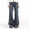 Womens Y2K Bohemian Print Denim Jeans Low Waist Flared Trousers Vintage Tribal Style