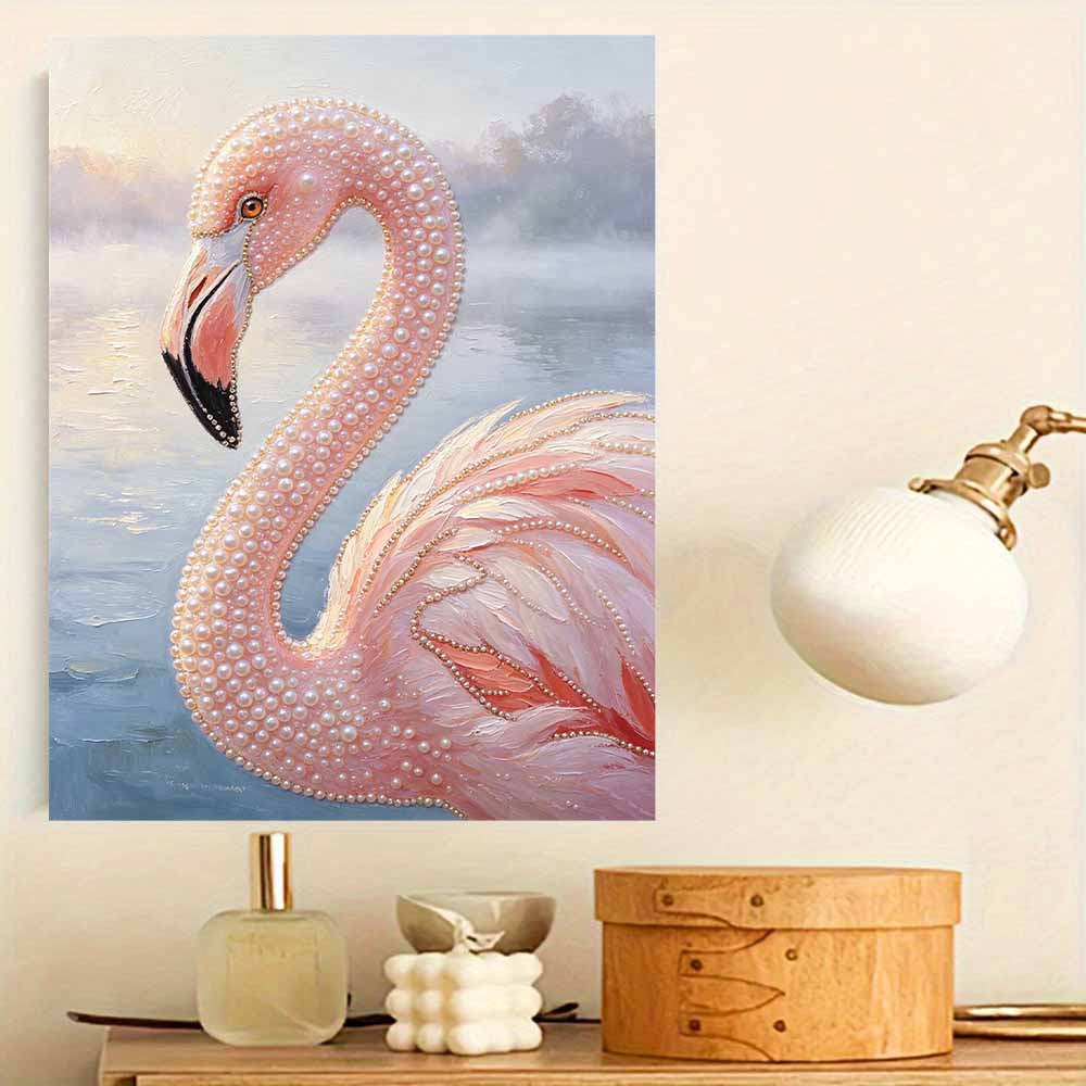 DIY Framed Pearl Painting Kit Pink Flamingo 3D Sparkling Bead Art Canvas Elegant Home Wall Decor Gift for Women Craft Project Decor Idea