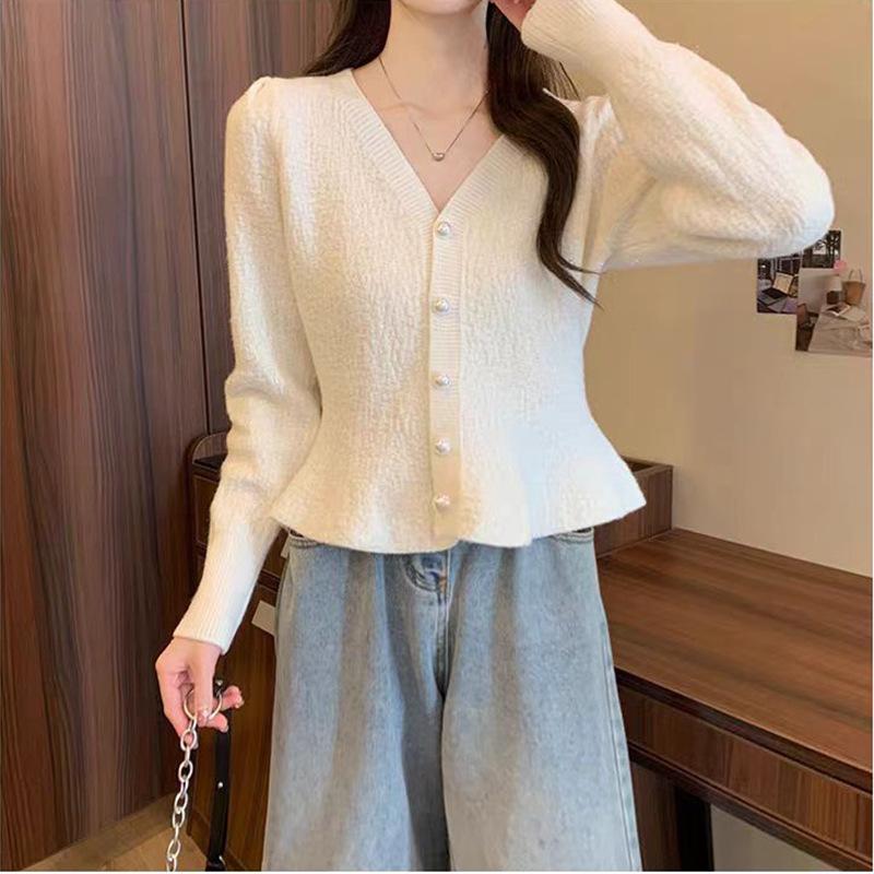 Spring Mermaid Hem Knitted Cardigan Top Women's New Korean Fashion Long Sleeved Pearl Buckle V-neck Sweater Jacket Women