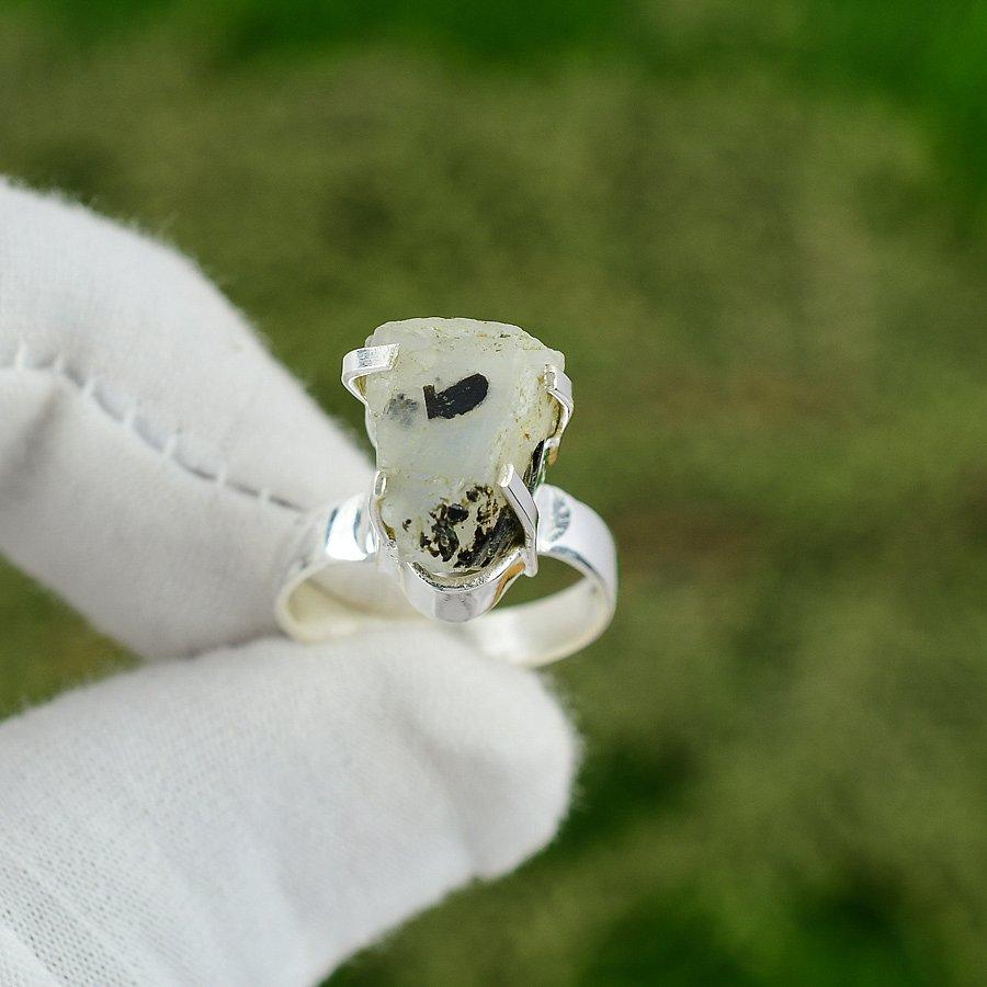 Gift For Her 925 Silver Natural Rainbow Moonstone Statement Ring Size 7.5