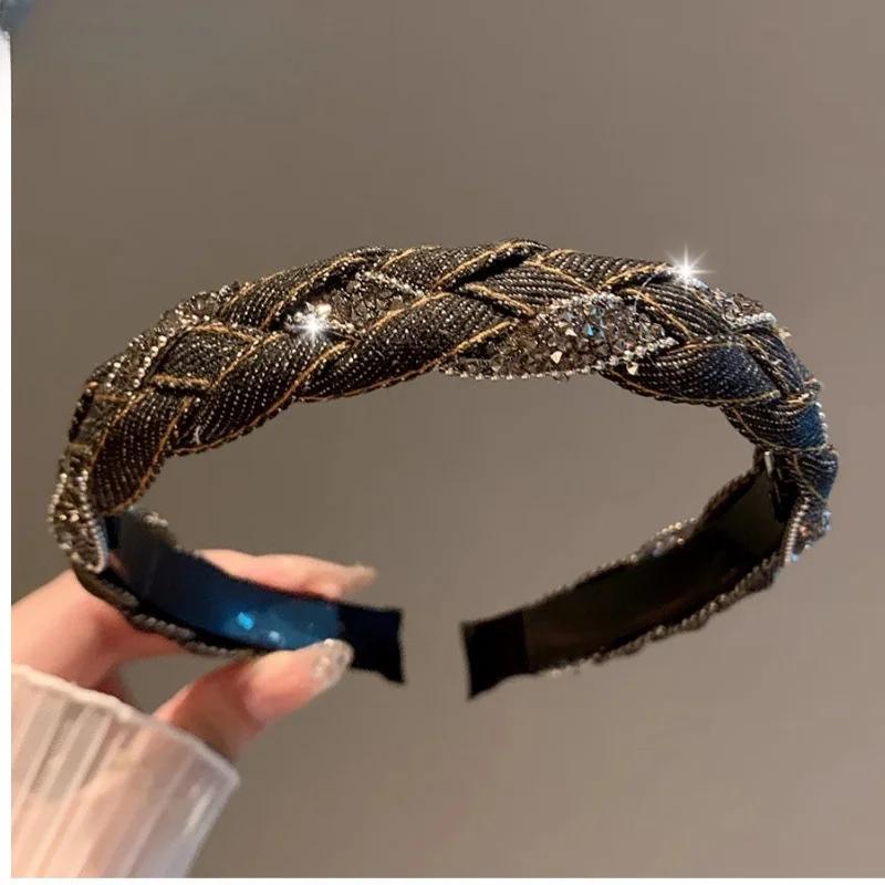 

Новое поступление, высококачественные элегантные ретро-легкие роскошные джинсовые аксессуары для волос со стразами, плетеная повязка на голову, модная простая повязка для волос чёрный