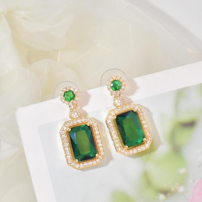3D Square Green Rhinestones Dangle Earrings for Women Wedding Party Elegant Jewelry Geometry Round Crystal Drop Earrings Gift