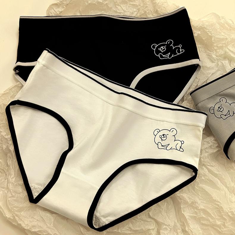 Damen-Unterwäsche aus Baumwolle mit Cartoon-Bär-Aufdruck, mittelhoher Bund, atmungsaktiv
