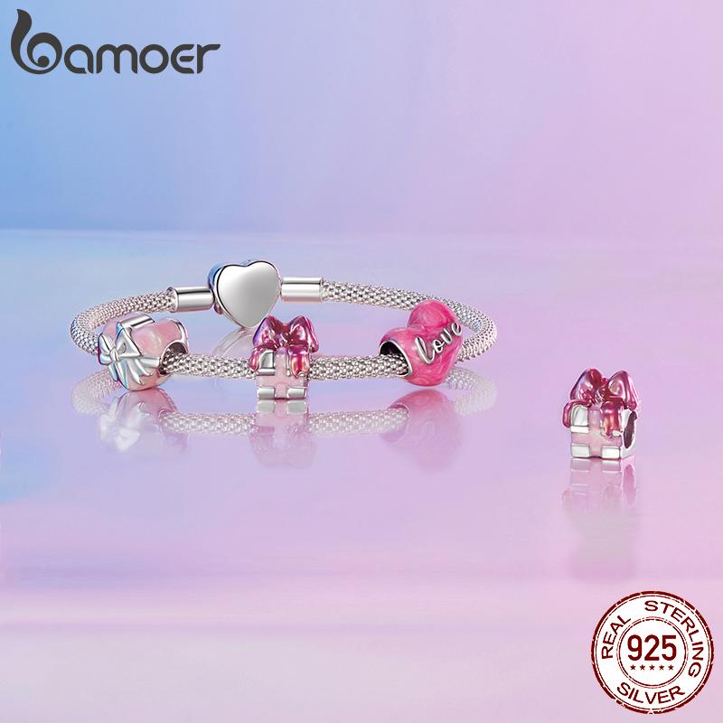 AMOER Solid 925 Srebro Sterling Różowe Serce Charm Koralik pasuje Oryginalna Bransoletka i Naszyjniki Biżuteria Bamoer Infinity Love Charm