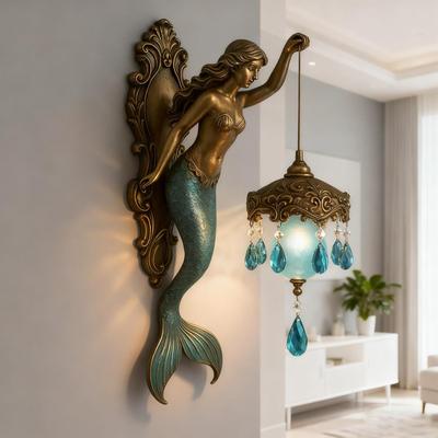 Mermaid Wall Lamp 8 Inch Battery-Operated Bronze Mermaid Wall Lantern for Living Room Bathroom Gallery Hallway Beach House