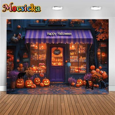 Mocsicka Happy Halloween Background Photography Pumpkin Party Shop Backdrop Night Yellow Leaves Jack-O-Lantern Decoration Banner