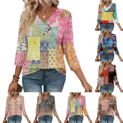 Womens 3/4 Sleeve Daily Weekend V Neck Casual Printed Tshirts Loose Fit Pleated Tees Button Down Shirts