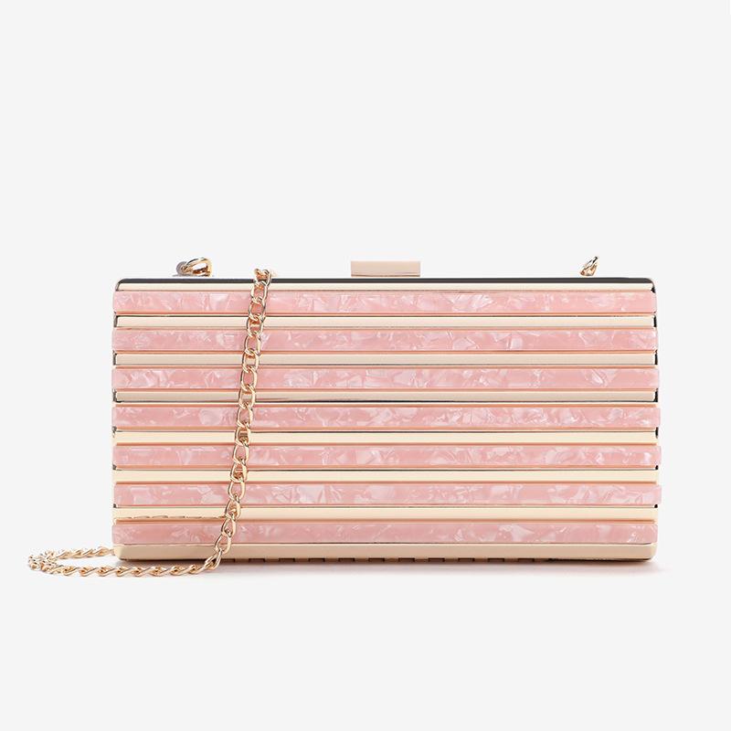 Women's Bag New Sweet Lady Metal Striped Small Square Bag Versatile Shoulder Messenger Chain Dinner Bag