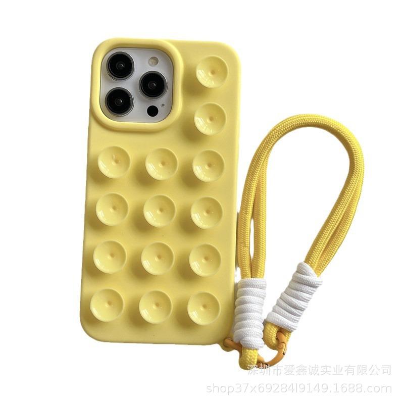 Minimalist Solid Color Drop-Proof Phone Case with Suction Cup Lanyard for iPhone 11/12/13/16 and 15 ProMax.