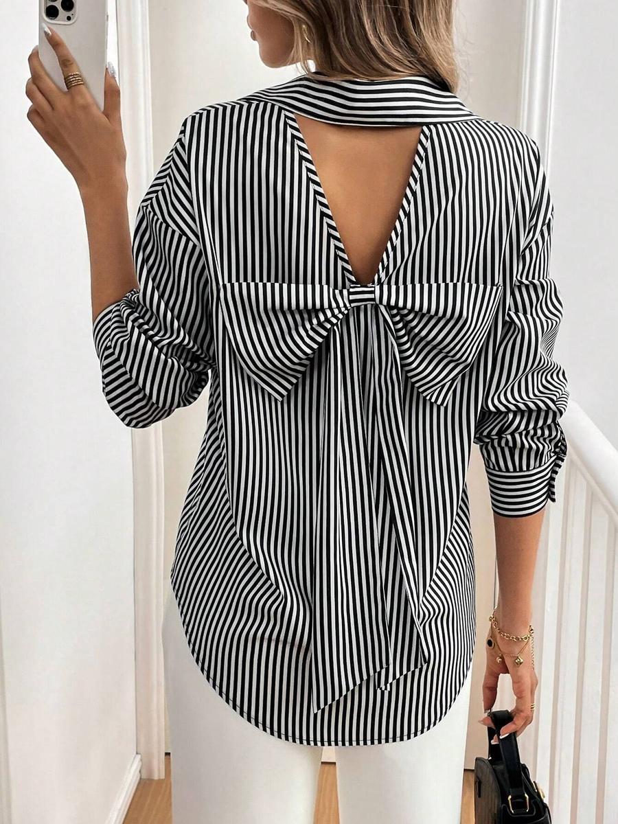 Elegant Women s Striped Printed Ruffled Bow Front Button Long Sleeve Shirt S