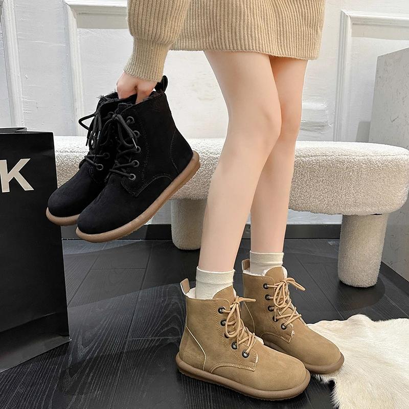 Mode Stiefel Damen Flacher Boden Bequeme Schuhe für Damen Lässig Plüschfleece für Wärme Schnürstiefeletten für Damen Botas De Mujer