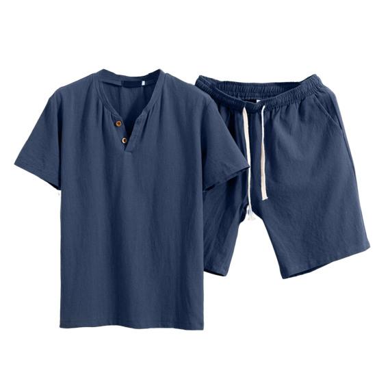 2 Pcs/Set Men T-shirt Shorts Set Solid Color Elastic Waist Loose V Neck Drawstring Homewear Deep Crotch Plus Size Casual Summer