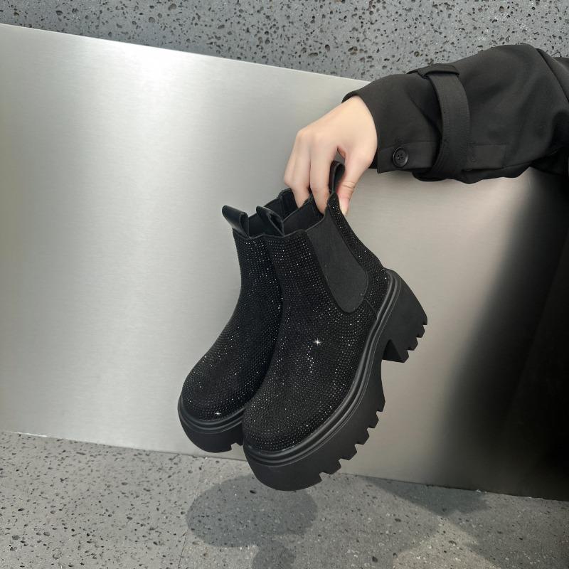 

Fashion Full of Diamonds and Trifle Soles 2025 Autumn and Winter New Heightened British Style Chelsea Booties 35 чёрный