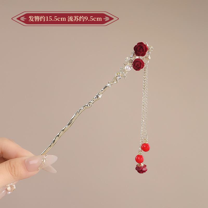 

Vintage Chinese Style Rose Hairpin For Women Red Flower Element Tassel Hair Stick Elegant Exquisite Handmade Hair Accessories небо синє кольору