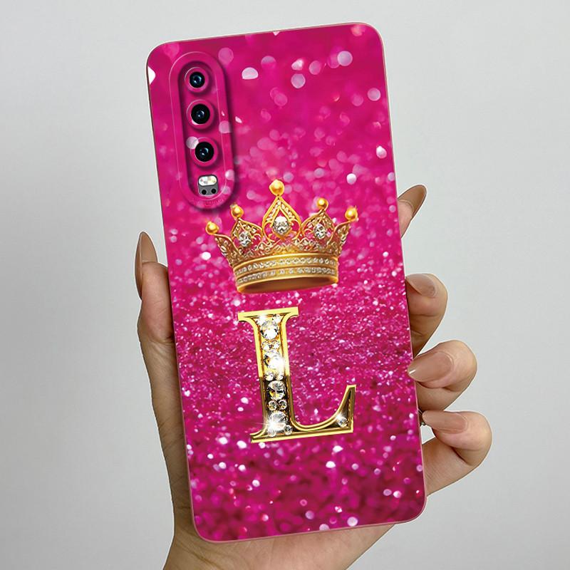 Back Cover For Huawei P30 ELE-L29 P 30 Pro VOG-L29 Crown Initial Letter Phone Case Liquid Soft Silicone Lens Protective Casing