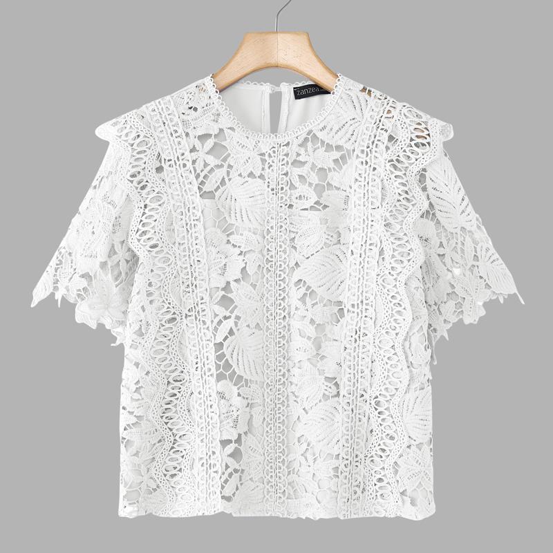 

ZANZEA Женская повседневная блузка с круглым вырезом, летняя, с коротким рукавом, пэчворк, крючком 2XL белый
