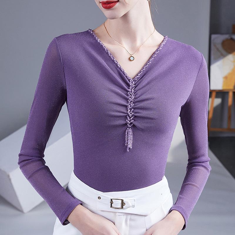 Women's Beaded V-Neck Mesh Long-Sleeve Slim Fit Tee - 2025 Spring/Autumn Collection