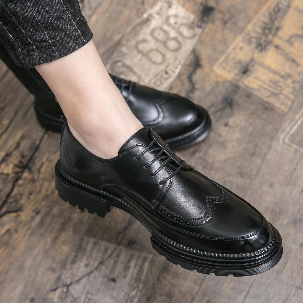 New Brock engraved casual leather shoes for men genuine leather business formal wear British thick-soled height-increasing style