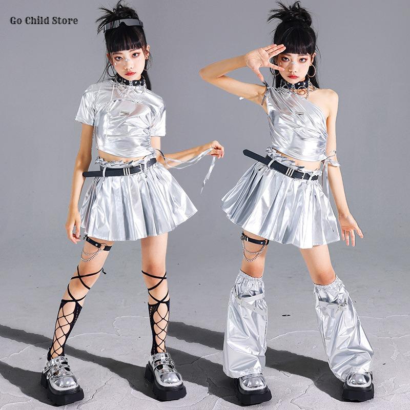 Mädchen K-Pop Silbernes Crop Top Glänzende Street Dance Röcke Kinder Hip Hop Jazz Kleidung Set Kinder Streetwear Girlgroup Bühnenkostüm