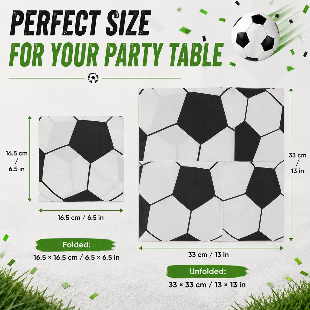 20PCS Soccer Paper Napkins 2-Ply 33x33cm Black White Football Party Table Serviettes