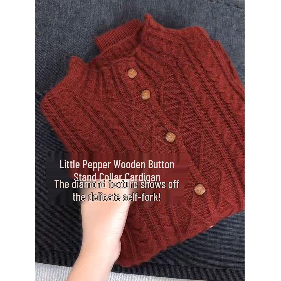 High-End Women s Red Diamond Pattern Cable Knit Cardigan with Wood Buttons 3XL (Recommend 140-160 Jin)