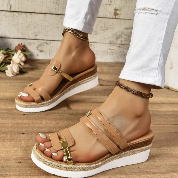 Summer Casual Color Blocking Sandals For Women Dressy Comfortable Soft Leather  Thick Soled Slope Woven Straw Sandals