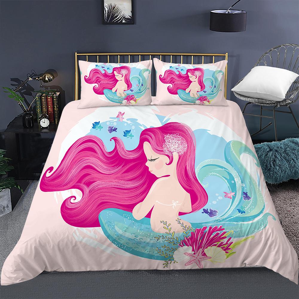 Bedding Set Girls Mermaid Duvet Cover Set With Pillowcase Cartoon Edredones Niños Girl Princess Quilt Cover Full Size Bedspread