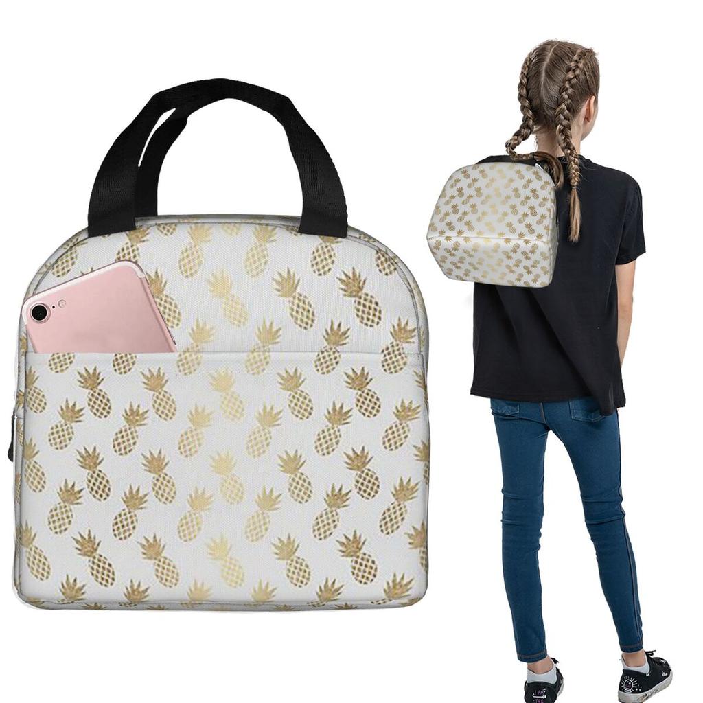 Gold Pineapple Pattern Insulated Lunch Bag for Women Children Portable Food Boxes Thermal Lunch Box Tote