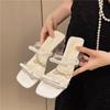Slippers women's 2025 summer new French square head with sandals fashion open-toed thick heel bow high heels