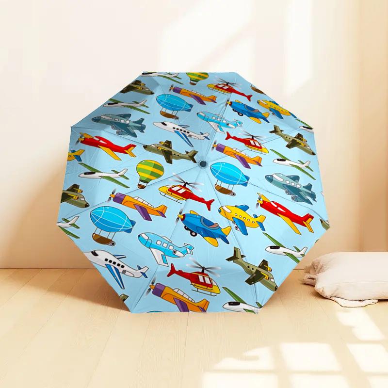 Flugzeug Heißluftballon Hubschrauber Automatischer Öffnungsregenschirm - Tragbares Dreifachfalt-Design mit 8-Speichen-Eisenrahmen - Geschenk für Fans, Reisende
