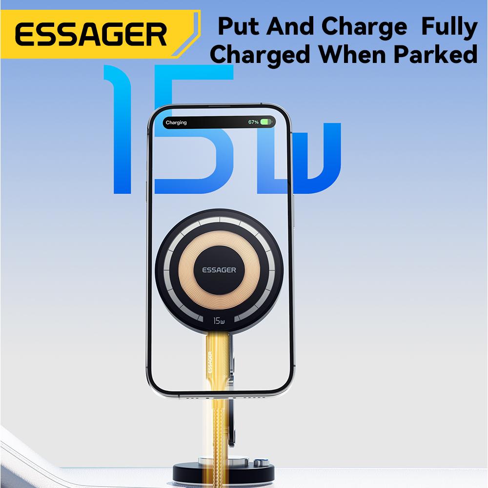 Essager Magnetic Wireless Charger Car Phone Holder 15W Fast Charging Easy Paste Mount Stand For Magsafe 15 14 13 Pro Max