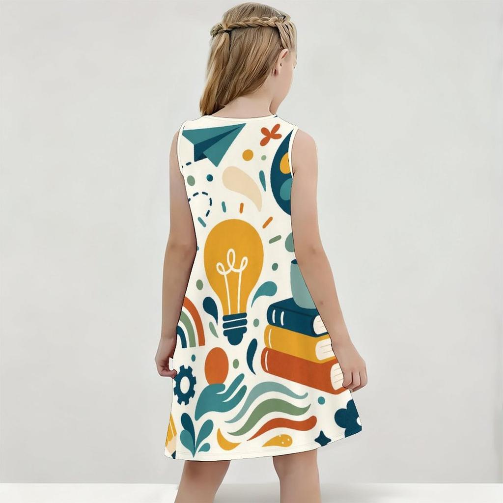 Girls Round Neck Sleeveless Printed A Line Flared Hem Dress
