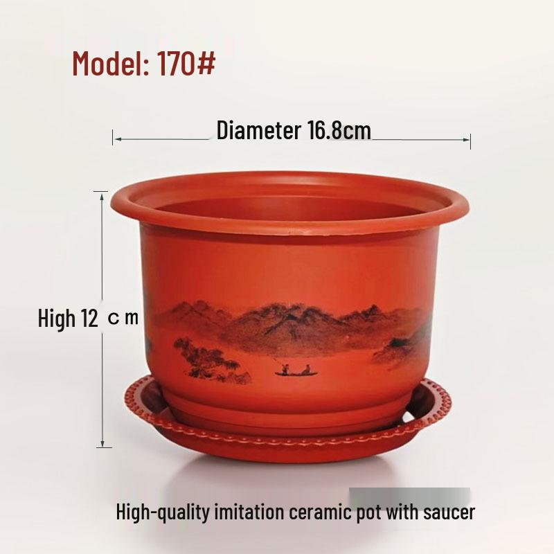 Imitation Ceramic Round Flower Pot, Brick Red Frosted Resin, Realistic Classical Landscape Style