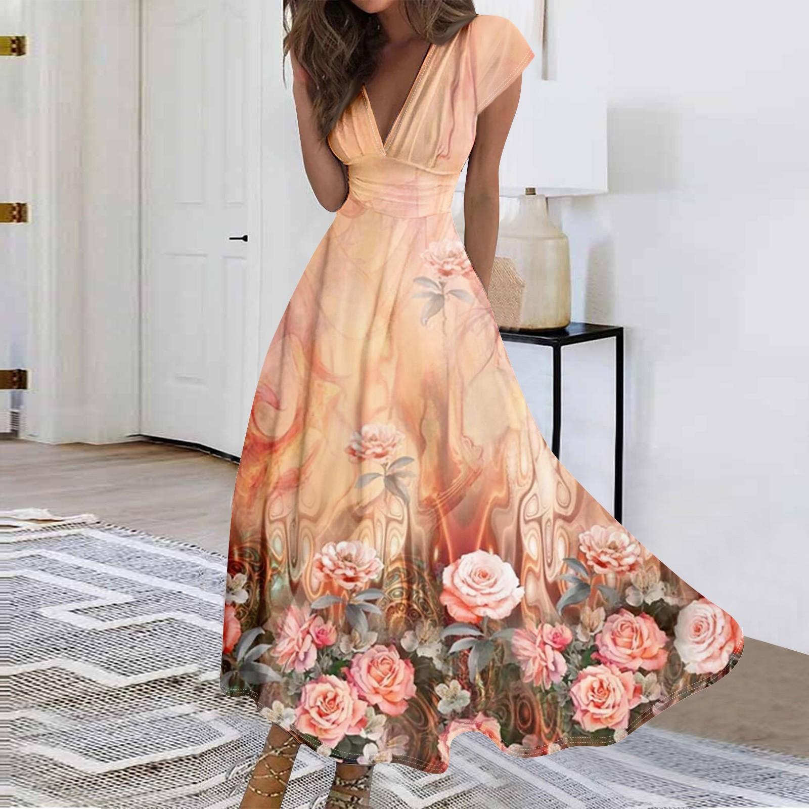 

Women s Long Dress Maxi Dress Casual Dress Chiffon Dresses Swing Dress Casual Mature Outdoor Daily Date Ruffled Short Sleeve V-neck Dress S помаранчевий