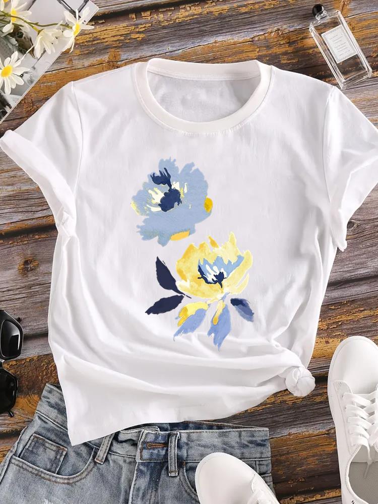 (Asian Size) o-neck T Shirt Printed Female style flower cute Top Lady Clothing Casual Fashion Women Graphic Tee Short Sleeve T-shirts