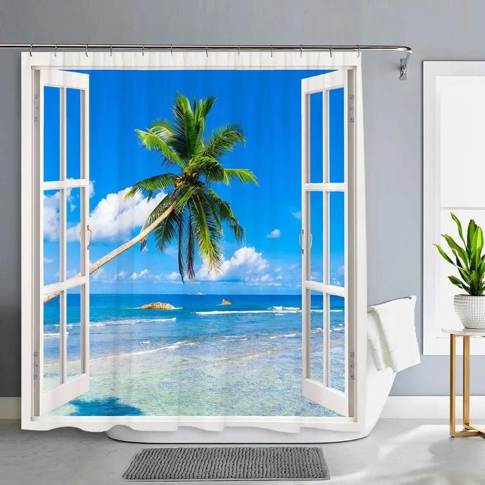 1PC Green Tropical Plants Shower Curtains for Bathroom Polyester Seaworld Shower Curtain Printing Curtain Beach Shower Curtains