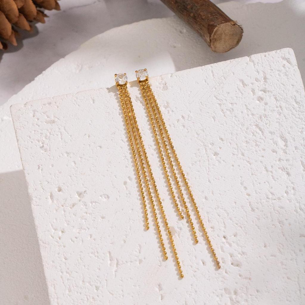 Xia Ling Zircon-Inlaid Chain Tassel Earrings In Stainless Steel