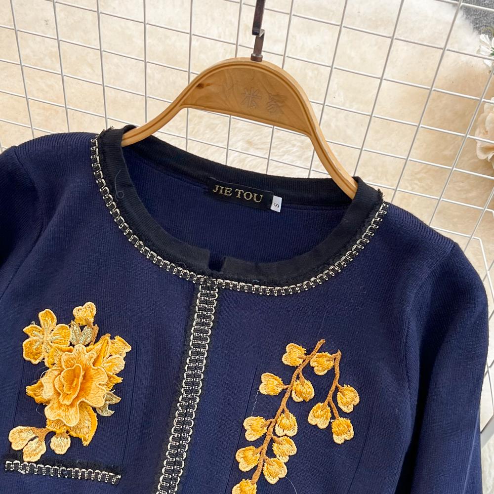 Høst Vinterklær Temperament Langermet Broderi Blomsterstrikket Mellomlang Kjole Uformell Spleising Mesh One Piece Dress