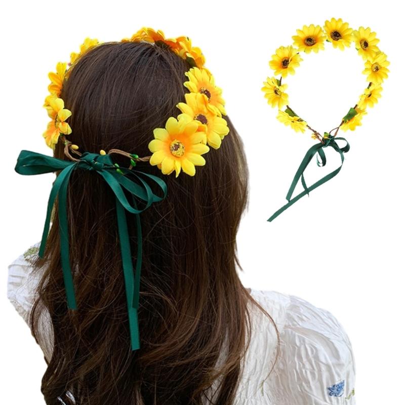 Realistic Sunflower Garland Headband Bohemian Crown Headpiece Tiaras Flower Hairband Women Wedding Party Accessories