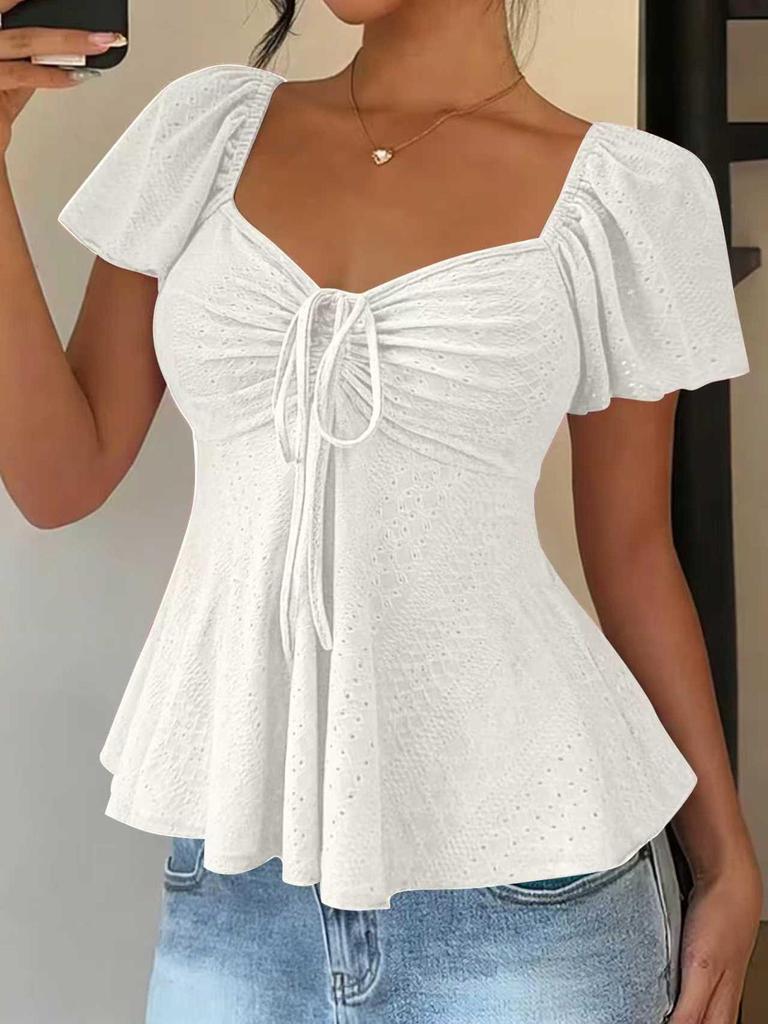 2026 Summer V-neck Drawstring Waist Sexy Short Sleeve Plain T-shirt for Women