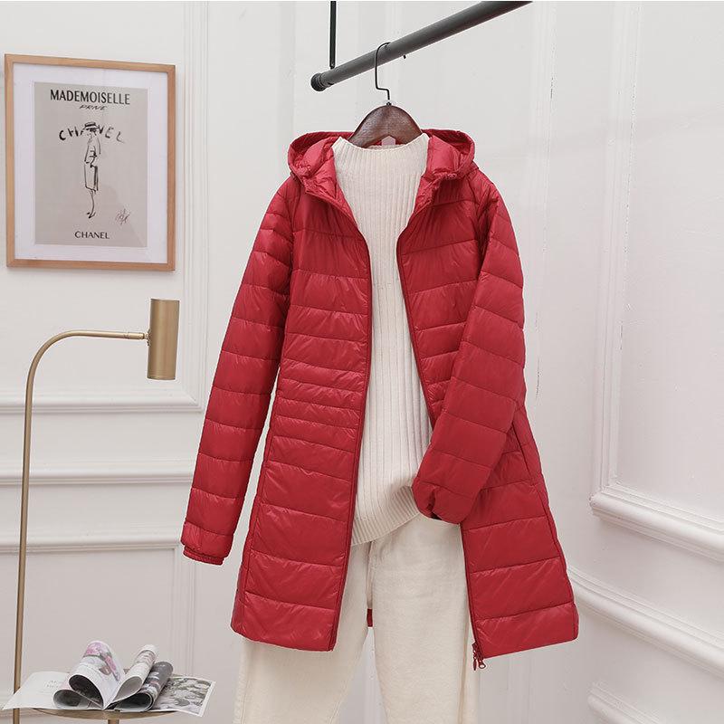 Women's Mid-Length Hooded Lightweight Down Jacket - Slimming Thin Plus Size Coat for Autumn/Winter 2023